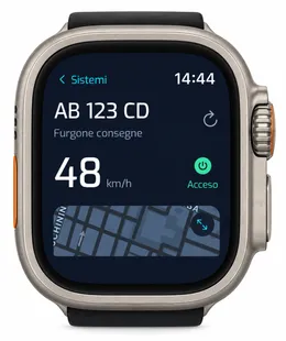 YouControl su Apple Watch Ultra: stato acceso e velocità del mezzo con dati dimostrativi