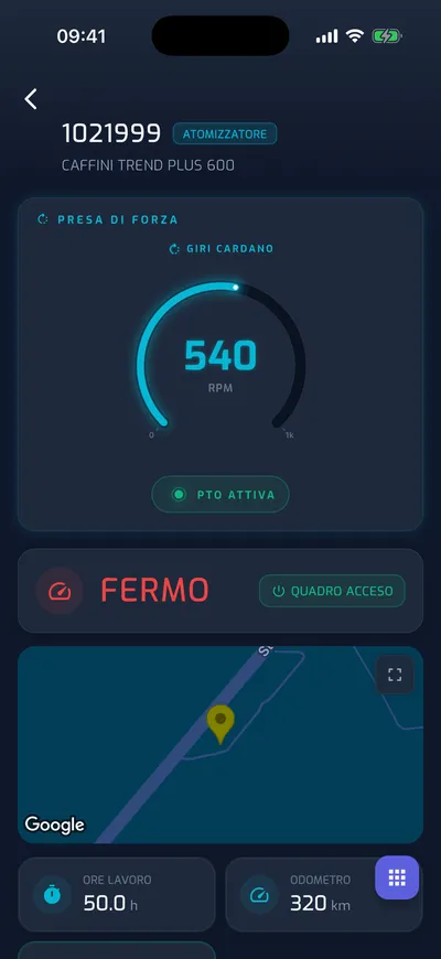 App YouControl — scheda atomizzatore con giri cardano e presa di forza attiva