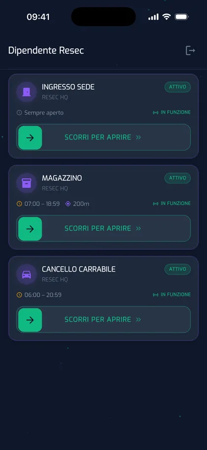 App YouControl — cruscotto del dipendente con i varchi autorizzati e apertura a scorrimento