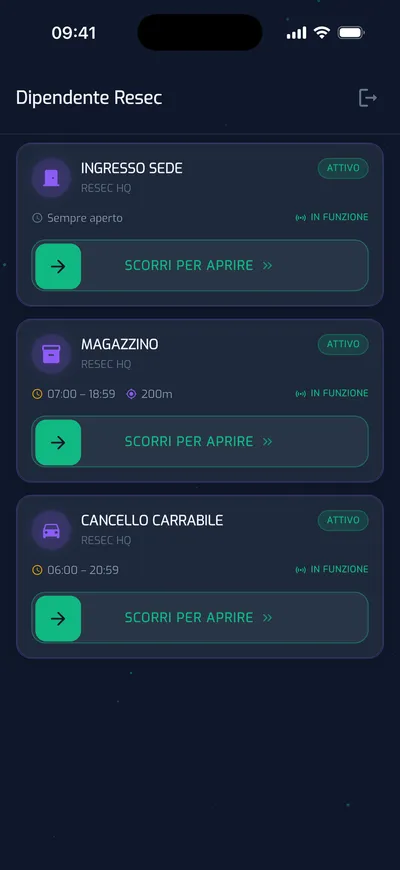 App YouControl — cruscotto del dipendente con apertura varco a scorrimento