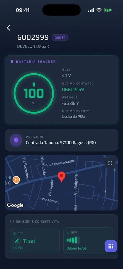 App YouControl — asset tracker GHOST su escavatore con batteria e ultimo contatto