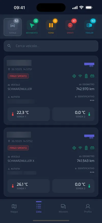 App YouControl — lista trailer frigo con sonde di temperatura in tempo reale