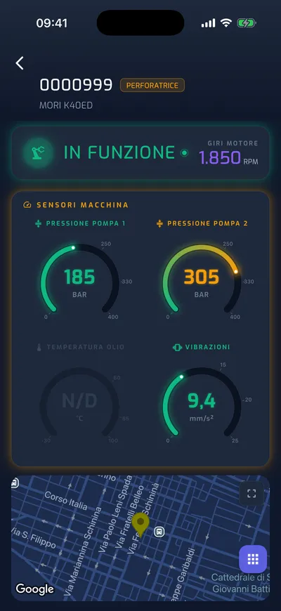 App YouControl — scheda perforatrice con pressioni pompe e vibrazioni