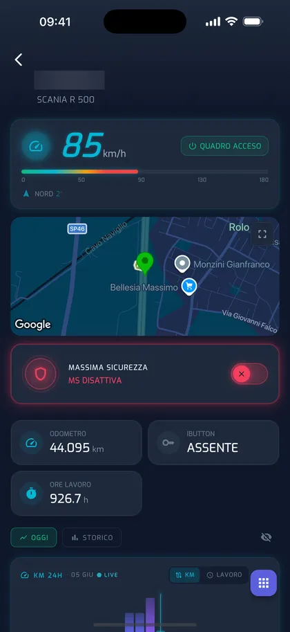 App YouControl — scheda veicolo in movimento con tachimetro live