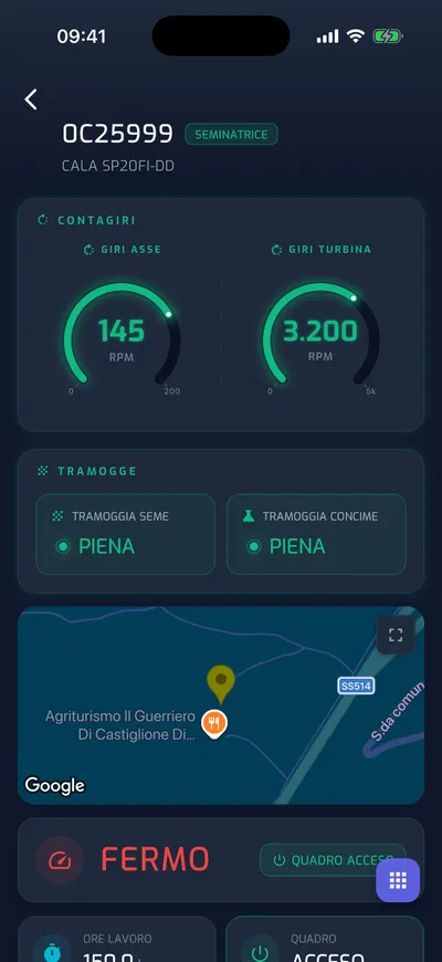 App YouControl — scheda seminatrice con contagiri asse e turbina e stato tramogge