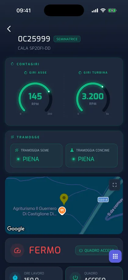 App YouControl — scheda seminatrice con contagiri asse e turbina e stato tramogge