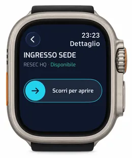 YouControl su Apple Watch Ultra: scheda del varco con il comando «Scorri per aprire»