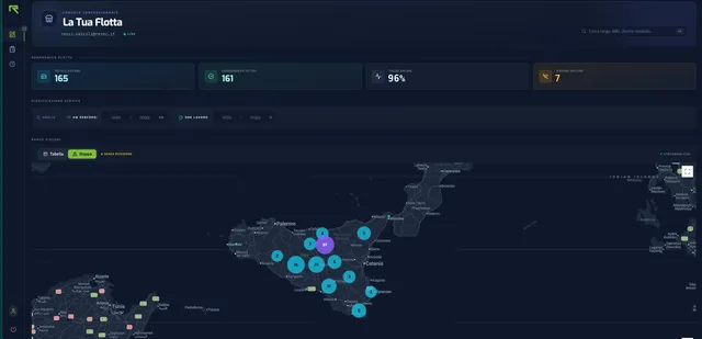 Console Concessionario YouControl — panoramica flotta con totale sistemi, abbonamenti attivi, tasso online e parco sistemi su mappa