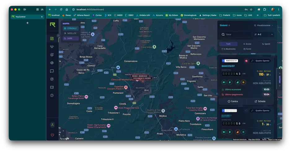 Pannello YouControl: mappa della flotta e nuove card con stato dei mezzi, odometro e ore motore