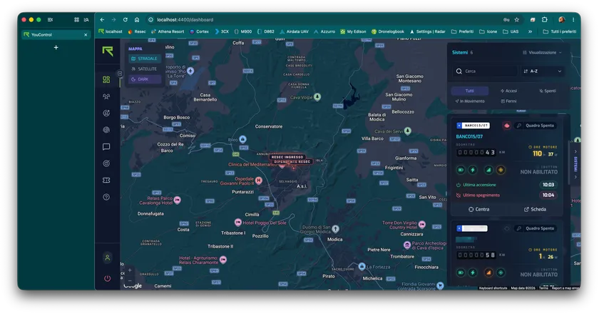 Pannello YouControl: mappa della flotta e nuove card con stato dei mezzi, odometro e ore motore