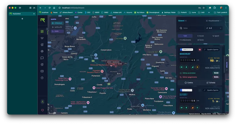 Pannello YouControl: mappa della flotta e nuove card con stato dei mezzi, odometro e ore motore