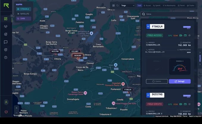Pannello di Controllo YouControl — mappa della flotta in tempo reale con stato dei sistemi, temperature frigo e ricerca veicoli