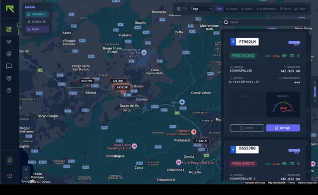 Pannello di Controllo YouControl — mappa della flotta in tempo reale con stato dei sistemi e temperature